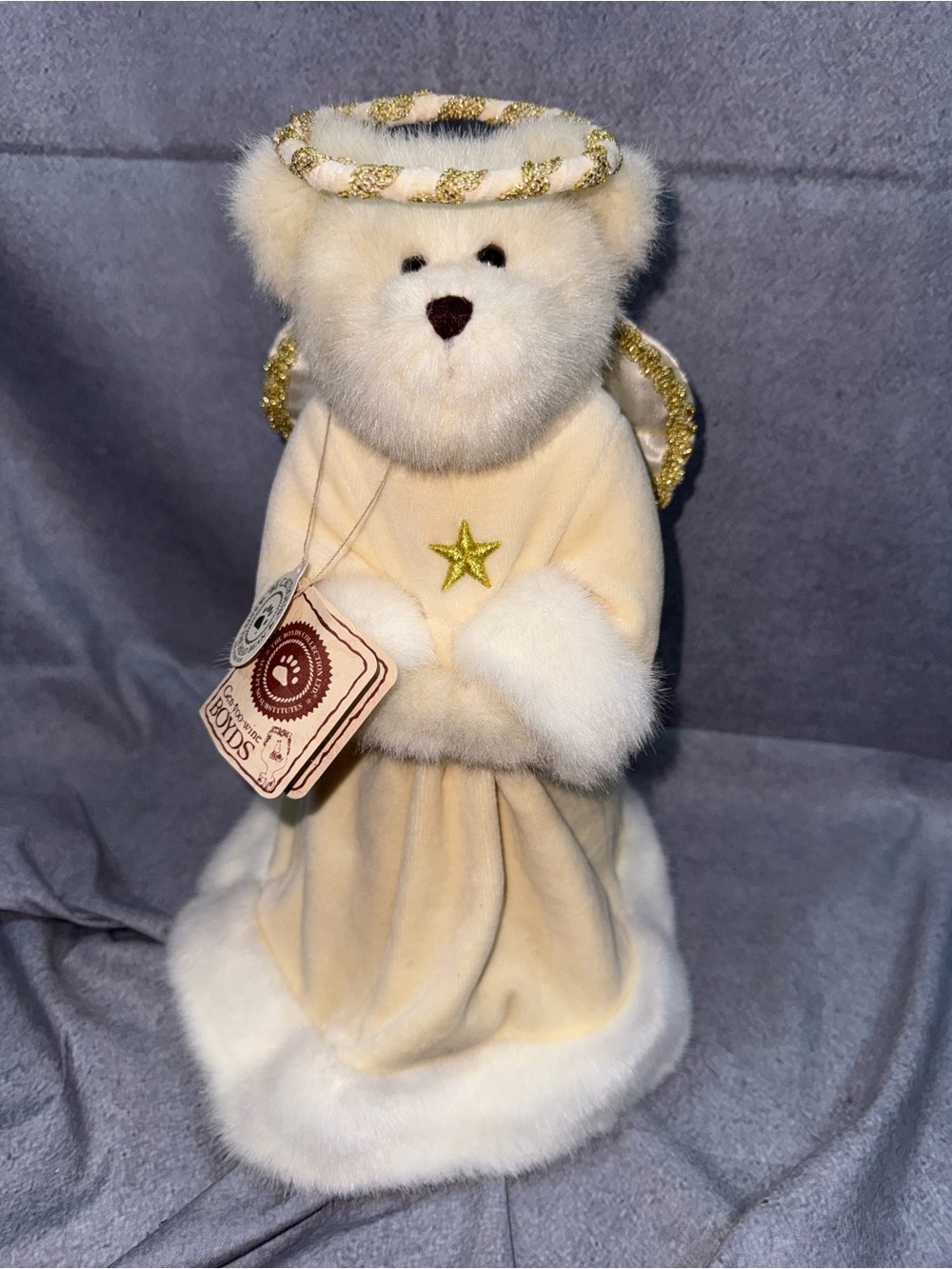 Vintage Christmas Tree Topper Plush Cream Angel Bear Figurine with Gold Accents